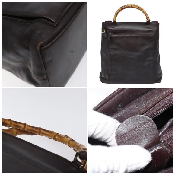 GUCCI Bamboo Hand Bag Leather 2way Dark Brown Gold - Picture 10 of 14